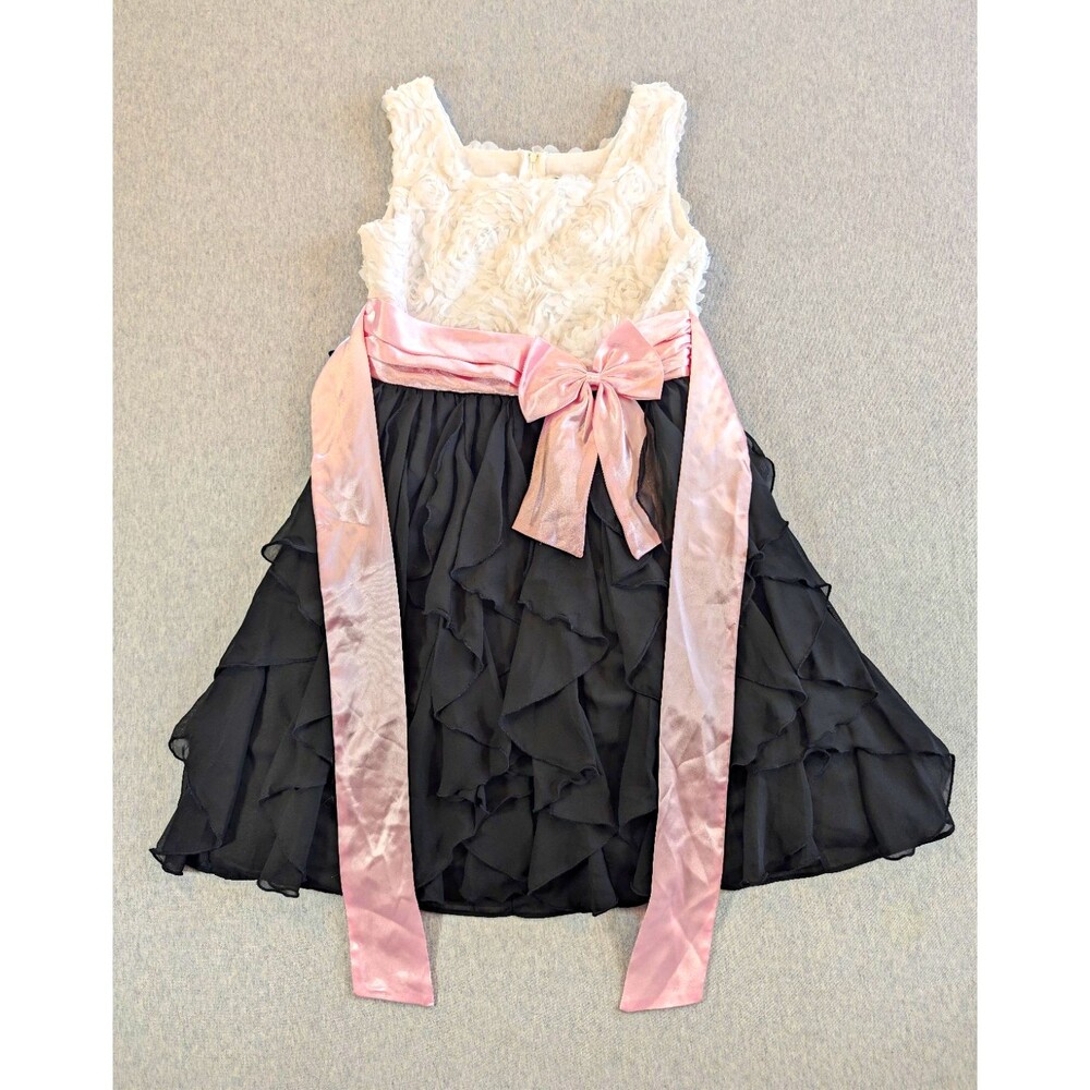 Rare Editions Girls 14 White/Pink/Black Fit & Flare Sleeveless Bow Ruffle